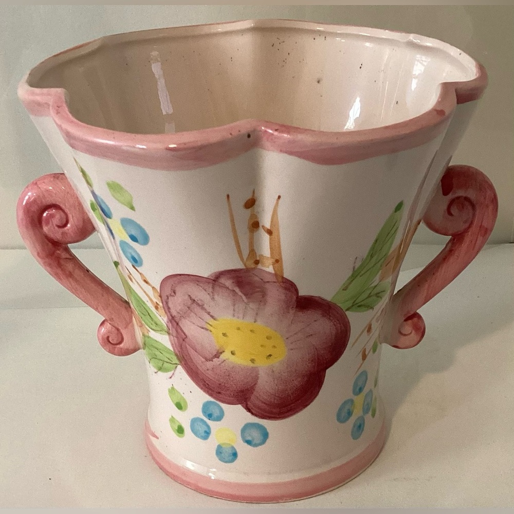 Hand-Painted Pink Floral Ceramic Vase with Handles